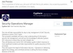 Cypher security operations manager job description on LinkedIn.