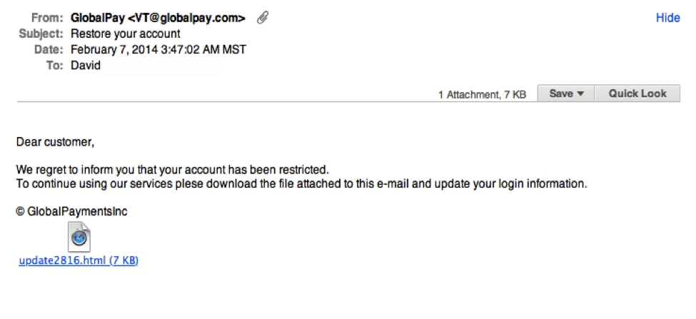 Example of Phishing Email with Typos and Poor Grammar