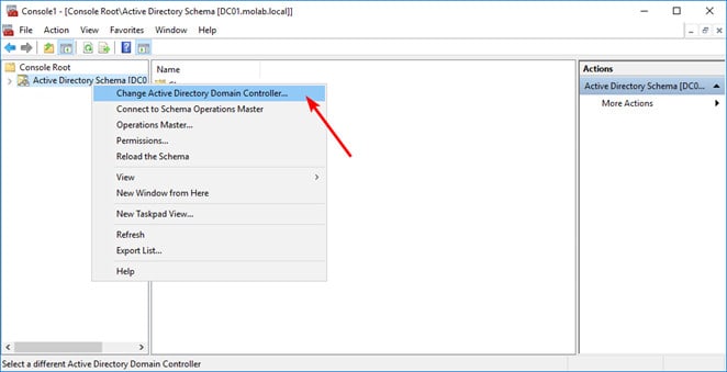 right click the Active Directory schema node and select Change Active Directory Domain Controller