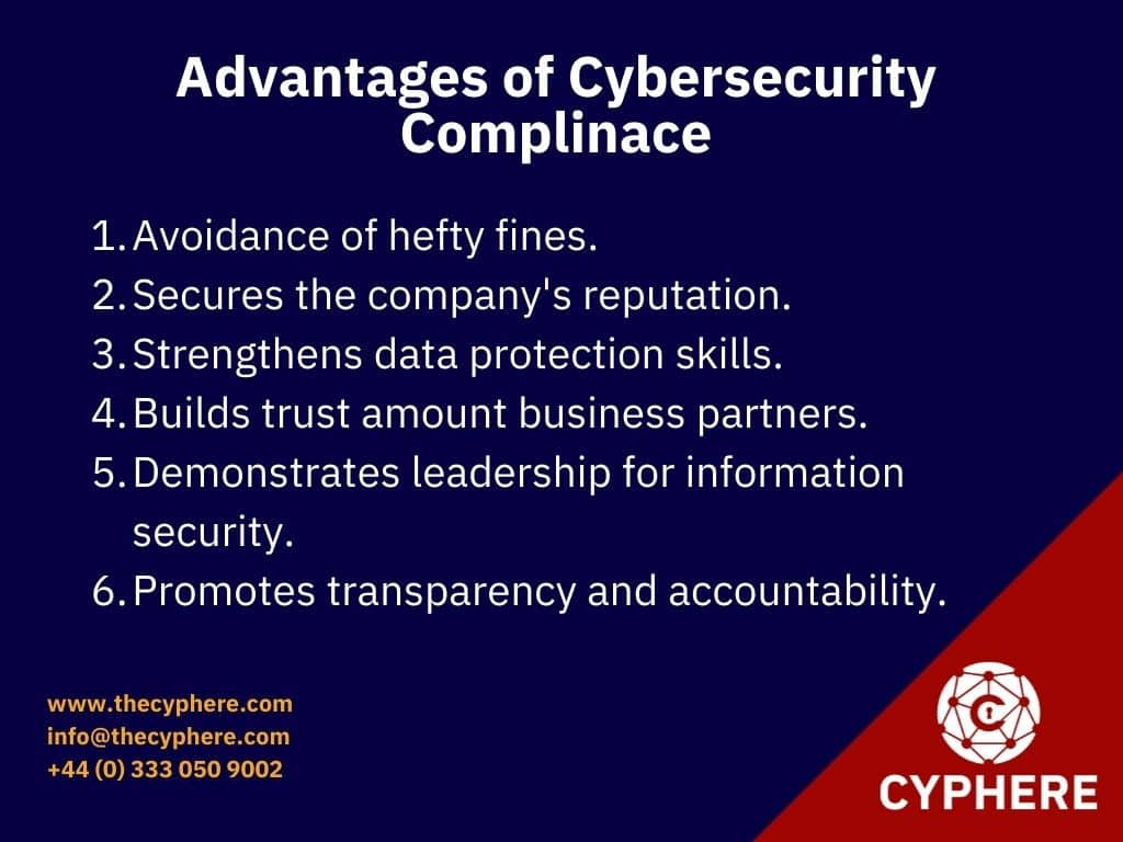 Advantages of cybersecurity compliance and network security compliance.