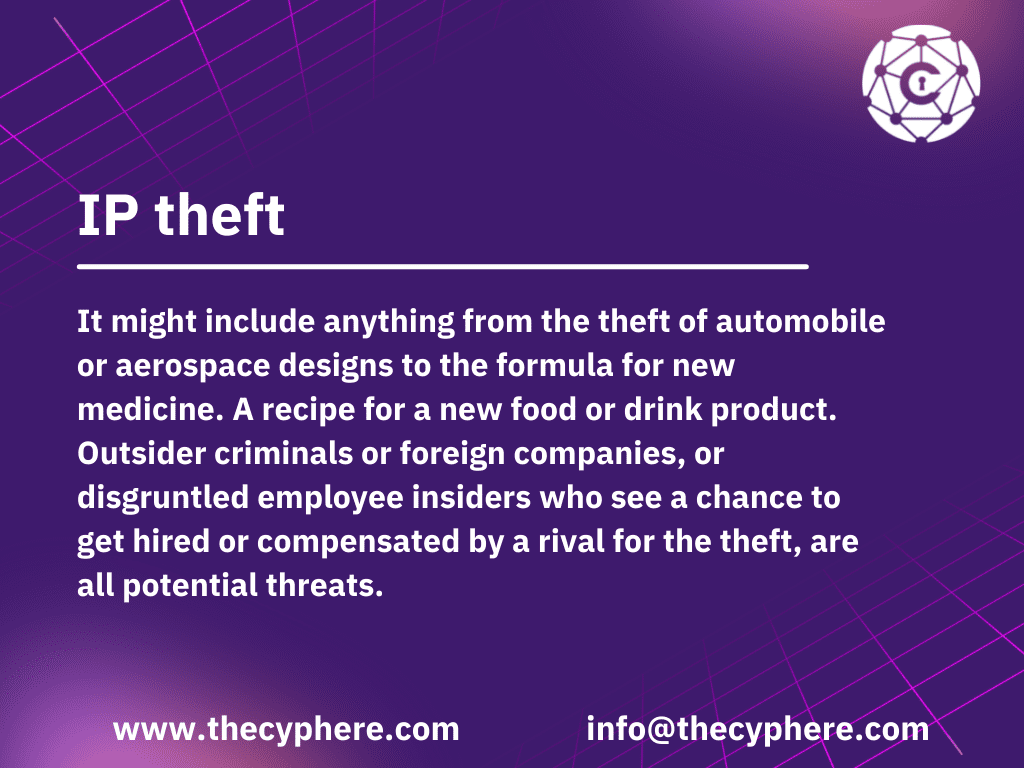 A purple background with the words corporate espionage on IP theft.