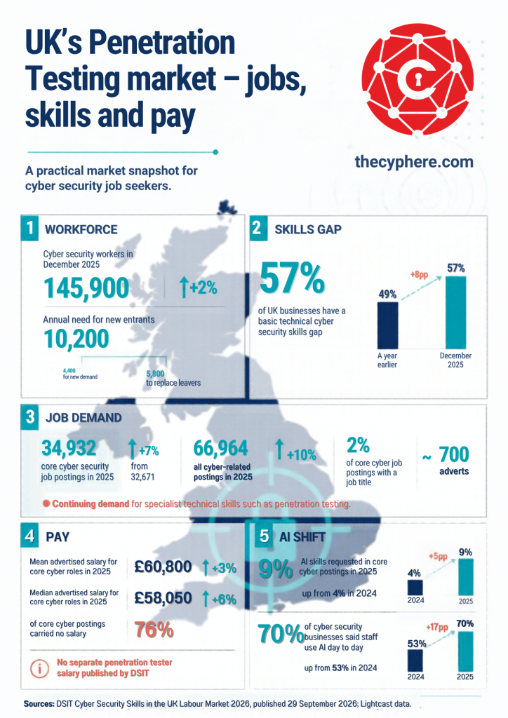Penetration testing statistics, vulnerabilities and trends in 2026 1 UK Penetration Testing Market Jobs Skills workforce - Infographic